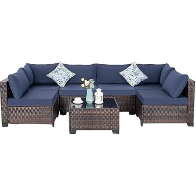 IJIALIFE 7 Pieces Patio Furniture Set, Modular Patio Set Wicker Outdoor Sectional Sofa Set PE Rattan Wicker Patio Conversation Set with Thickened Cushions and Coffee Table,Brown Wicker/Navy Cushion