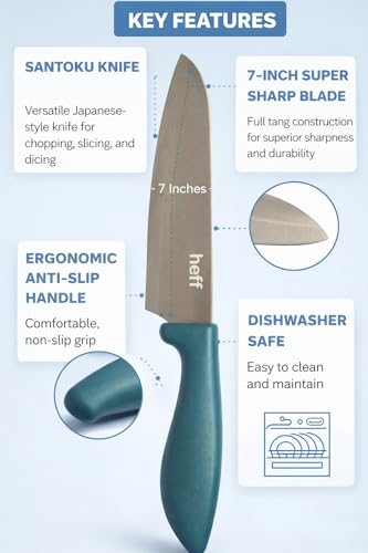 Image of Heff Santoku, Japanese Chef Kitchen Knife, Premium Stainless Steel Blade, Teal Handle, 7 Inch Blade