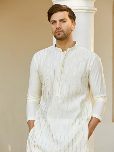 Image of See Designs Men Full Sleeve Chanderi Silk Sequins Mandarin Collar Side Slit Kurta