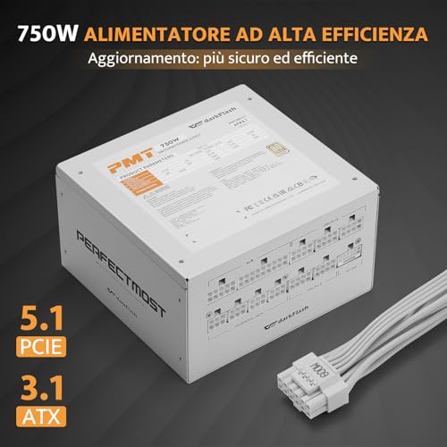 PMT750 Alimentatore Completamente Modulare ATX 3.1 e PCIe 5.1, cavo 12VHPWR, 100% Giapponesi 105°C, Alimentatore da Gioco 80 Plus Gold, Dimensioni Compatte 150 mm, (Bianco, 750 watt) - Alimentatore - Immagine 1