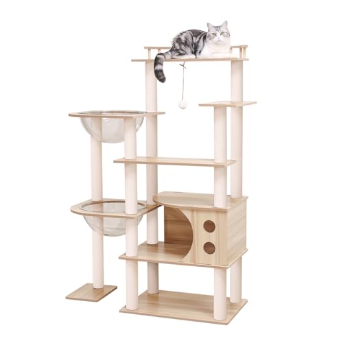 【なになにLife】 キャットタワー 木製 据え置き おしゃれ 高さ140cm 大型猫 大型 ワイドタイプ 多頭飼い 高級 シニア猫 豪華 省スペース スリム 猫タワー 大きめ宇宙船 コットン紐 中型 猫 爪研ぎポール 見晴台付き 天然麻紐 展望台 キャッ