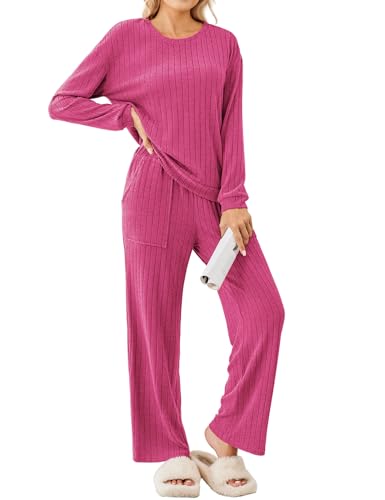 Womens ribbed knit pajama sets with patch pockets