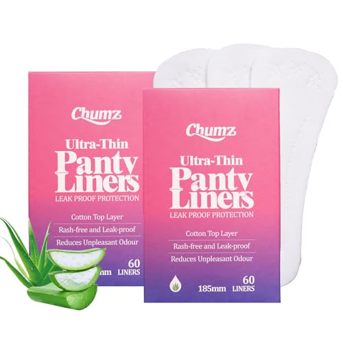 Image of Chumz Panty Liners for Women Daily Use | Aloe Vera Panty Liners 60 Count (Pack of 2) | 185mm Long | Ultra Thin, High Absorbency & Leak Proof | Cottony Soft Pantyliner for Women with Pouch | Fresh Comfort All Day