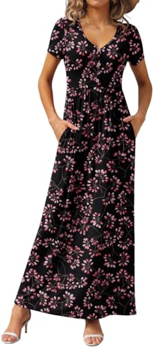 Image of GRECERELLE Womens Summer Long Maxi Dresses 2026 Short Sleeve V Neck Casual Button Dress with Pockets
