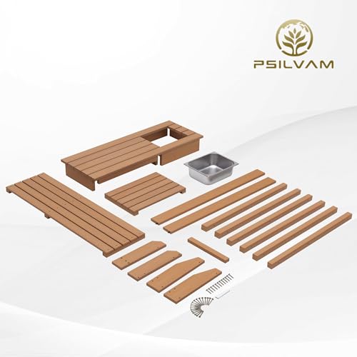 Psilvam Outdoor Potting Bench with Sink, Rot-Resistant HDPS Potting Table for Outside Garden, All-Weather Use, (Teak)