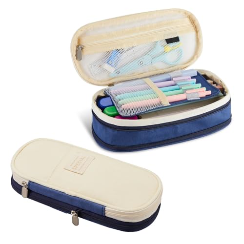 Image of Sonuimy Large Capacity Pencil Case Pouch with Zipper, Portable Aesthetic Cute Big Capacity Pencil Cases Pen Office Travel Stationery Makeup Bag, Desk Organizer for College Adults Women Men-Navy Blue
