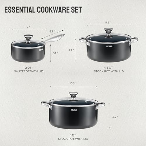 Induction Cookware Set 6-Piece, Stackable Kitchen Cooking Pots Set, 6qt 4.8qt & 2qt Pots with Lids, Dishwasher Safe & Oven Safe, Compatible with All Stoves, Black - Image 3