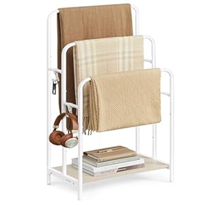 VASAGLE Freestanding Towel Rack 3 Tier Blanket Holder with Storage Shelf 197 x 118 x 394 Inches Blanket Rack 2 Hooks for Blankets Bath Towels Cloud White and Natural Beige ULLS009W01