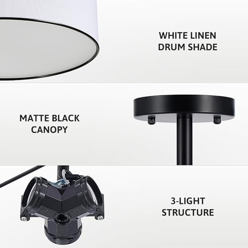 Image of VONLUCE Semi Flush Mount Ceiling Light 18 inch, 3-Light Drum Light Fixture | White Diffused Drum Shade with E26 Sockets, Lighting Fixtures for Hallway, Entryway, Bedroom, Black Finish, ETL Certified