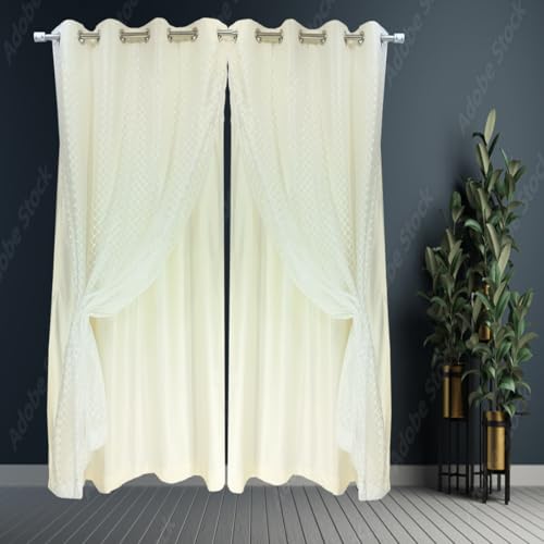 Image of Double Curtains 2 in 1 Embroidery Transparent Curtain with 80% Blackout Curtain Best for Every Interior Living Room Grommet(White 8ft Set 2)