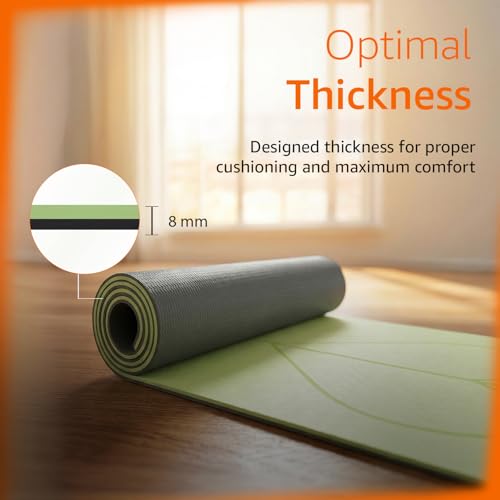 Image of Amazon Basics TPE Yoga & Exercise Mat with Carrying Strap | 8 mm Thick | Non-Slip Grippy Surface | Eco-Friendly Rubber-Like Material | Floor Protection | Ideal for Yoga, Pilates, Stretching & Meditation | 180 x 60 cm | Dark Green & Light Green