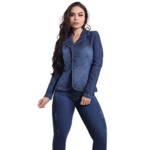 Blazer Feminino Jeans Com Licra Slim Fit Super Lindo Azul Escuro Liso (G1, Azul Escuro Liso)