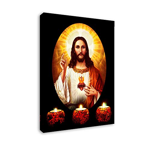 Fajerminart Peinture sur Toile LED, Christianisme Grand Jésus Impressions sur Toile De LED Art De Peinture, Convient pour, Salon, Bureau, Taille:30x40cm (Cadre en Bois) (Barre De Lumière LED)