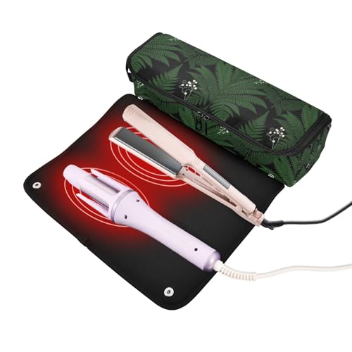 Organizador 2 en 1 para herramientas de cabello con tapete para plancha resistente al agua y estuche de viaje para rizador, plancha y secador de cabello, Estampado botánico verde oscuro para mujeres miniatura 2