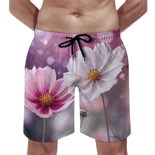 Men's Swim Trunks Quick Dry Board Shorts with Pockets Beach Shorts White and Peach Flowers Bathing Suits for Men