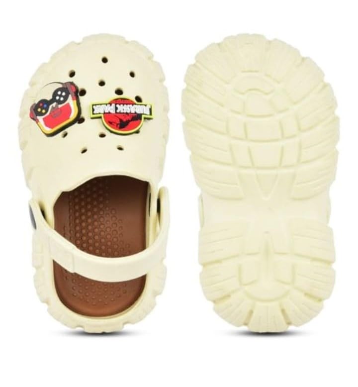 Image of GIMME ! Little Monkey, Toddler Clogs Slippers, 12 Months to 6 Years, Baby Boy, Waterproof, Lightweight, Cute Cartoon Fun Charms, Beige, Non-Slip Sole