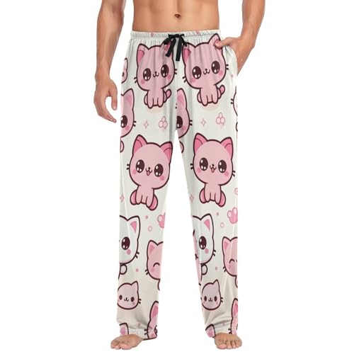 Men's Pajama Pants Cats Pink White Sleep Pajama Lounge Pant with Pockets, Elastic Waistband3