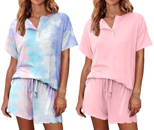 Image of Ekouaer 2 Pack Womens Pajama Sets Short Sleeve Top with Shorts Soft Comfy Loungewear Sleepwear S-XXL