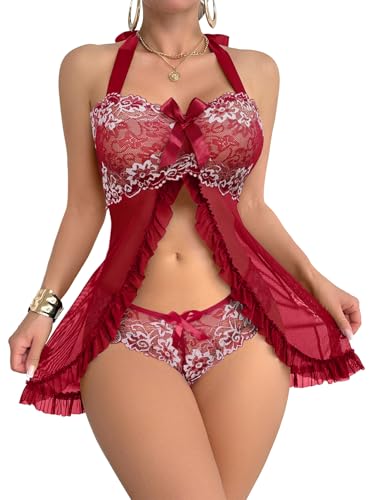 Image of Foxiny Sexy Halter Open Front Ruffle Sheer Mesh Lace Babydoll Lingerie Dress with Thong 2 Piece