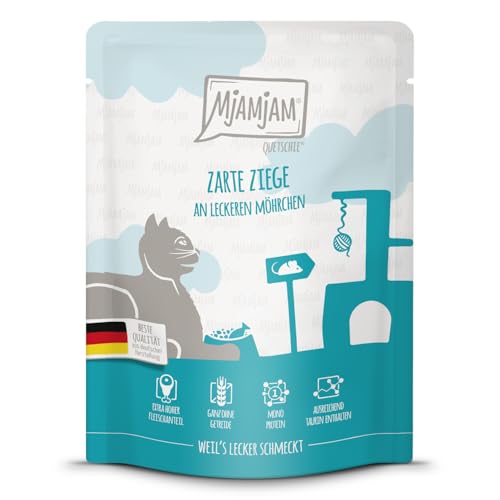 MjAMjAM - Premium Nassfutter für Katzen - Quetschie - zarte Ziege an leckeren Möhrchen, 1er Pack (1 x 300 g), getreidefrei mit extra viel Fleisch