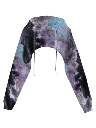 Remidoo Women's Super Crop Top Hoodie Long Sleeve Cropped Sweatshirt Drawstring Tie Dye Pullover Multicolor X-Large