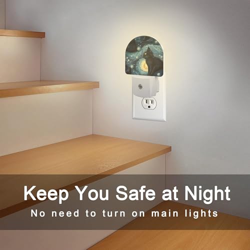 Image of Starry Night Black Cat Night Light Plug into Wall, Abstract Oil Painting Cat Dusk to Dawn Night Light Plug in,0.5w Energy Saving Sleep Friendly Nightlight for Kids Boys Girls Home Decor
