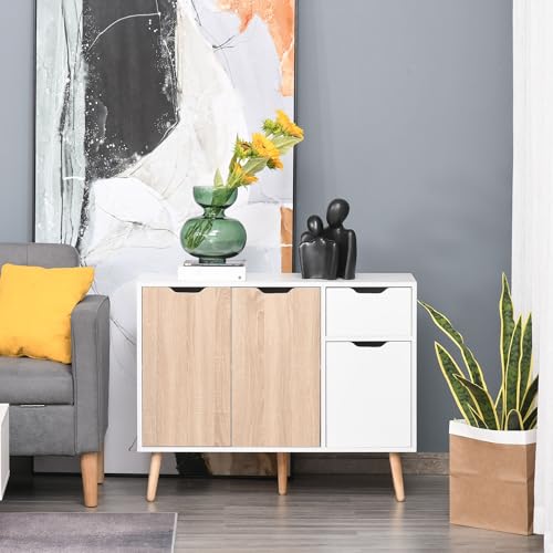 HOMCOM Sideboard Floor Standing Storage Cabinet with Drawer and Solid Wood Legs for Bedroom, Living Room, Home Office, Natural - Image 8