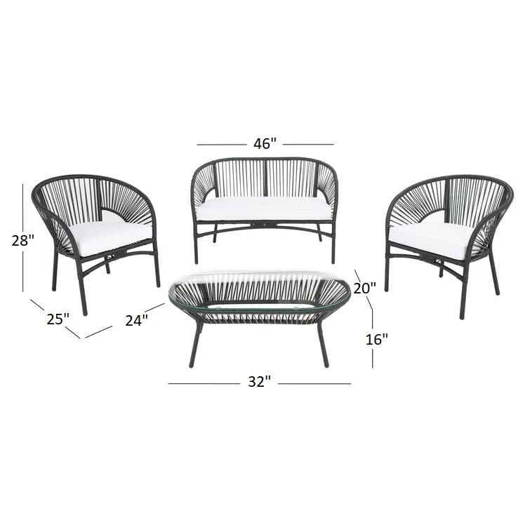 Image of DEVOKO Outdoor Patio 4 Piece Rope Garden Sectional Conversation Set with Glass Top Table for Backyard, Pool, Terrace, Deck (Black & White)