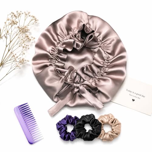 Atrube Silk Satin Hair Bonnet Reversible Reusable Showercap satin bonnet Adjustable Tie Band Women, Scrunchies Comb Satin Wrap,Standard, Multicolor,Free Size