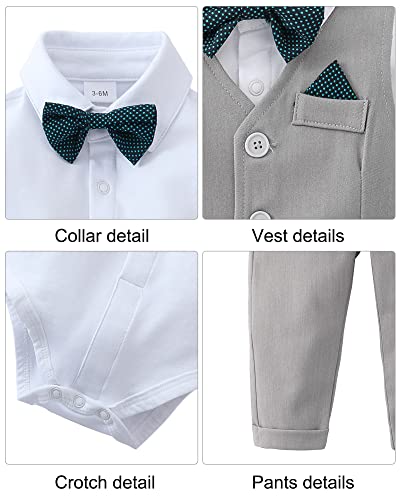 Disaur Baby Boy Clothes Toddler Boy Outfits, 4Pc Gentleman Dress Romper + Vest + Pants + Bow Tie Cotton Suit Set (Gray,3-6 Months) #TOP4
