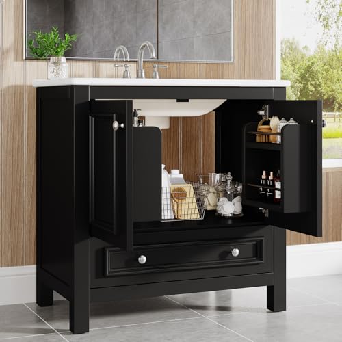 Image of Tribesigns 30 inch Bathroom Vanity with Sink, Freestanding Bathroom Vanities Cabinet with Ceramic Basin Combo, Bathroom Sink Cabinet with 2 Doors and 1 Drawer, Solid Wooden Frame (Black, 30 INCH)