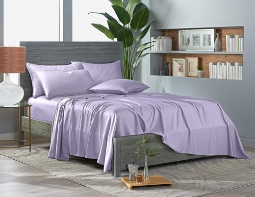 Image of Pure Bamboo King Sheets, Genuine 100% Organic Viscose Derived from Bamboo Bed Sheet Set, Luxuriously Soft & Cooling, Double Stitching, 2 Year Quality Promise (King, Lavender)