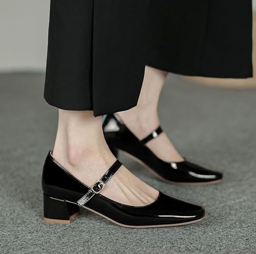 Women's Retro Square Toe Shallow Cut Mary Jane Shoes Fashion Patent Leather Handmade Buckle Low Heels Mary Jane High Heels2
