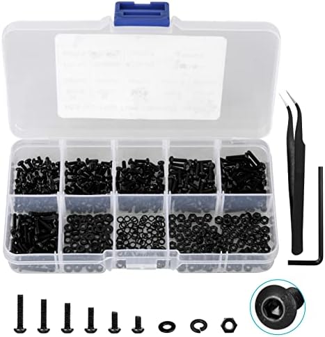 CYLBAQ 600pcs M2 Bolts and Nuts Set, Hex Button Head Cap Screws Assortment Kit, Alloy Steel Hexagon Socket Bolts,Nuts,Washers and Spring with Hex Wrench, Tweezer(Black)