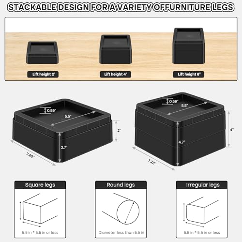 MCXYEM Oversized Heavy Duty Bed Risers & Furniture Risers - Stackable Supports 12000 Lbs,Furniture Lifter/Square Bed Raising Blocks for Sofas, Couches, Desks (Black 8 Pack, Fits Huge 5.5 × 2 inch) — view 4