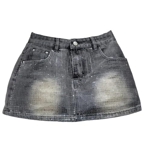 Fashion Women's Denim Skirts Solid Single Side Transport Sequins Color A-Line High Waist Short Skirt