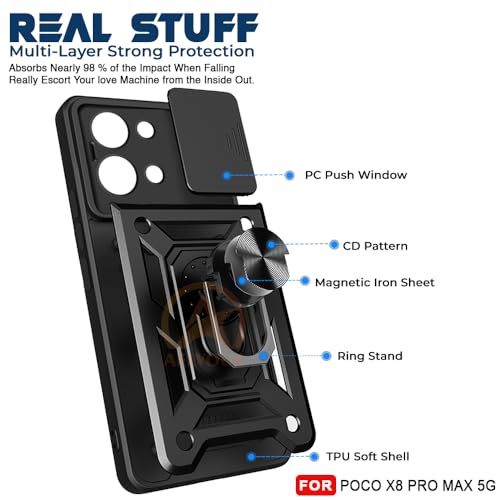 Image of Armor Bumper Back Cover Case for Poco X8 Pro MAX 5G | Rotating Camera Cover, Ring Holder & Kickstand | Heavy Duty & 360 Degree Protection Poco X8 Pro MAX 5G Back Cover (Black)
