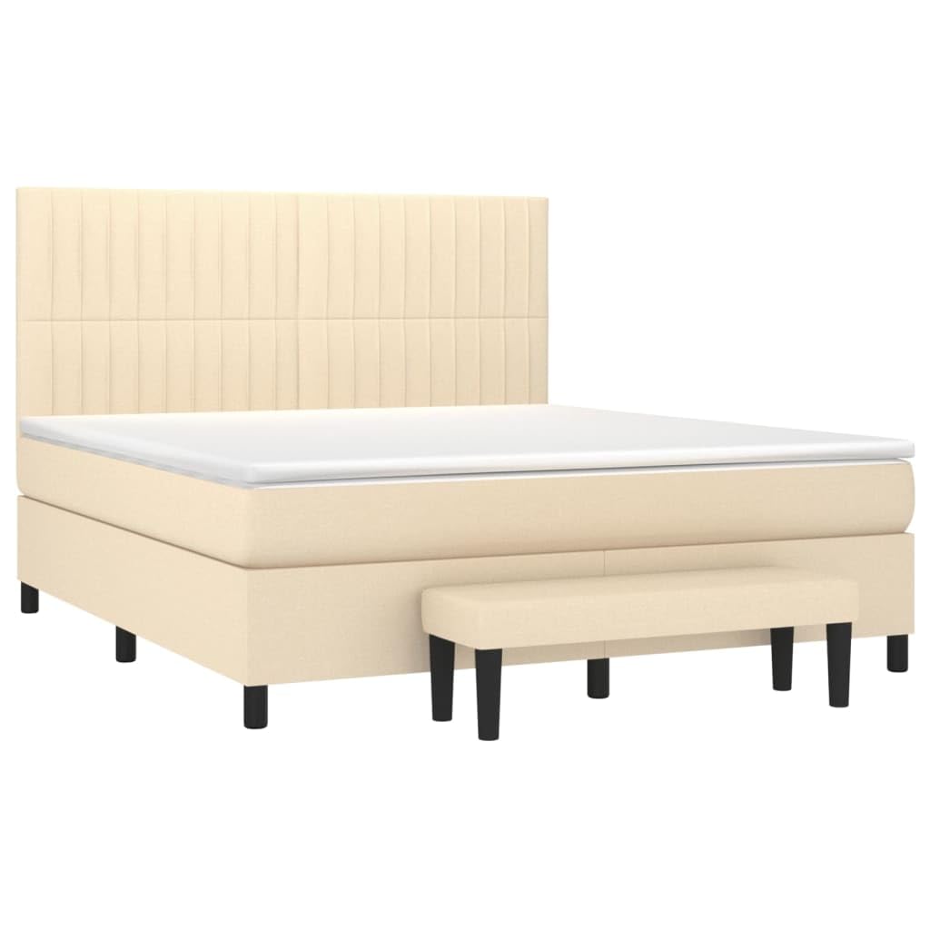 Cama con somier de 160 x 200 cm, tela crema con colchón y banco, diseño moderno, soporte de dureza media, cabecero ajustable en altura para dormitorios y habitaciones de invitados