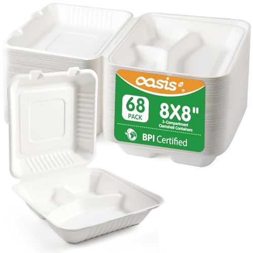 OasisSN 𝟴𝘅𝟴', 𝟲𝟴-𝗣𝗮𝗰𝗸 3-Compartment Clamshell Takeout Containers, 100% Compostable...