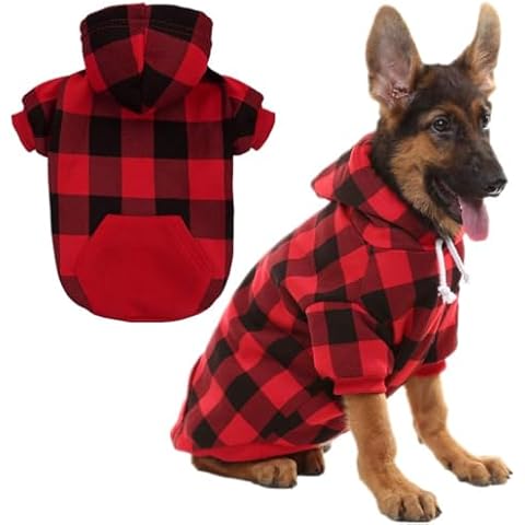 KOOLTAIL Plaid Dog Hoodie Pet Clothes Sweater with Hat and Pocket for Small Medium Large Size Dogs, Soft Winter Warm Dog Cold Weather Coat, Fleece Fall Dog Hooded Sweatshirt for Puppy Cats, Red L Cover
