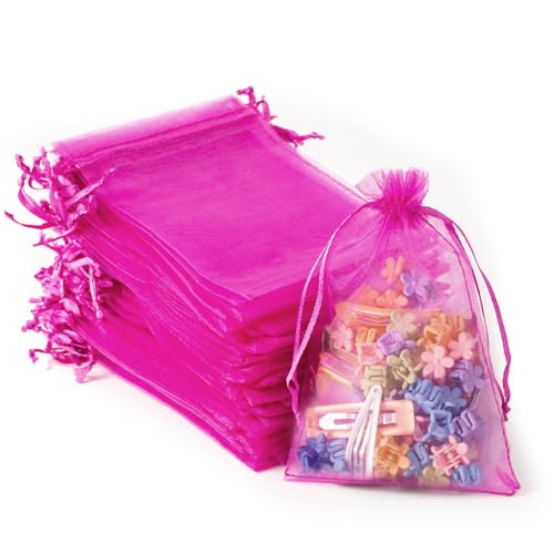 Image of 100PCS Organza Bags, 4x6 inches (10x15cm) Small Mesh Bags Drawstring, Hot Pink Jewelry Gift Pouches for Valentine's Day, Wedding, Party, Festival