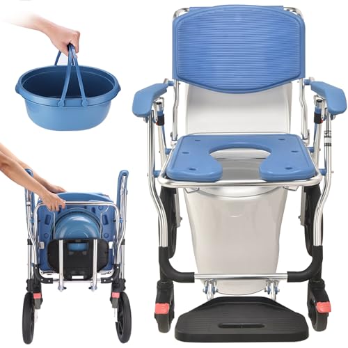 Miuxe Silla De Ducha con Ruedas Silla De Ruedas con Inodoro Plegable 4 En 1, Silla De Inodoro con Ruedas Y Cubo Desmontable, Silla De Transporte Portátil para Discapacitados Ancianos