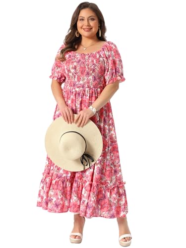 Image of Agnes Orinda Plus Size Dress for Women Short Sleeve Shirred Square Neck Floral Maxi Long Dresses