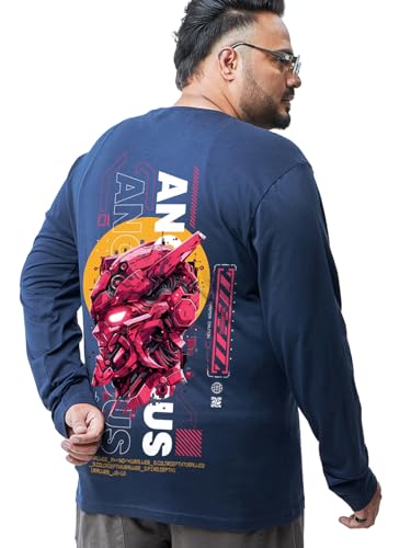 Image of Bewakoof Plus Men's Graphic Print Regular Fit Full Sleeve Round Neck Cotton Jersey Plus Size T-Shirt