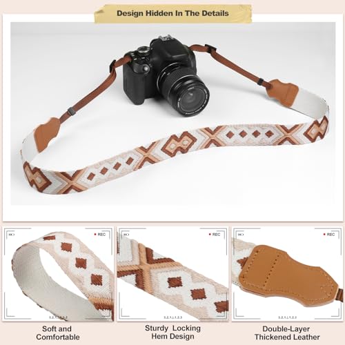 Image of Universal Camera Strap - Camera Neck Strap, Adjustable Shoulder Straps Compatible with Canon, Fujifilm, Nikon, Olympus, Panasonic and other SLR and mirrorless cameras - Brown Beige White Weave