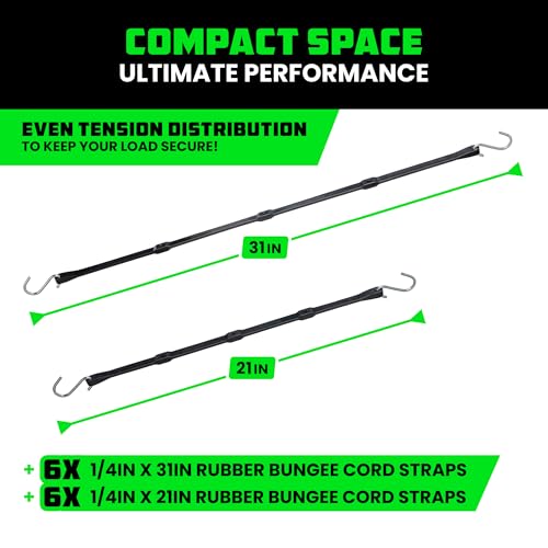 Image of Rhino USA Rubber Bungee Cords with Hooks (12-Pack) - Heavy Duty Outdoor