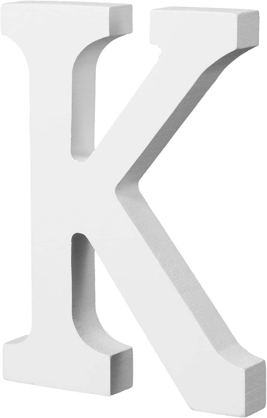 4inch Standing Wooden Letters, Lightweight Natural Wood Alphabet Letters Large Wooden Letter for Crafts Unfinished Wood Decorations for Home Wall Party Decoration DIY Projects (K, White)