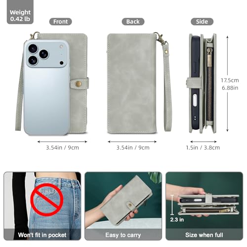 TwoHead Wallet Case Compatible with iPhone 17 Pro Max,Detachable,Magnetic,11 Cards Holder,PU Leather All-Round Protective Phone Case with Change Pocket(6.9 in,Gray) by TwoHead - Used condition - Image 6