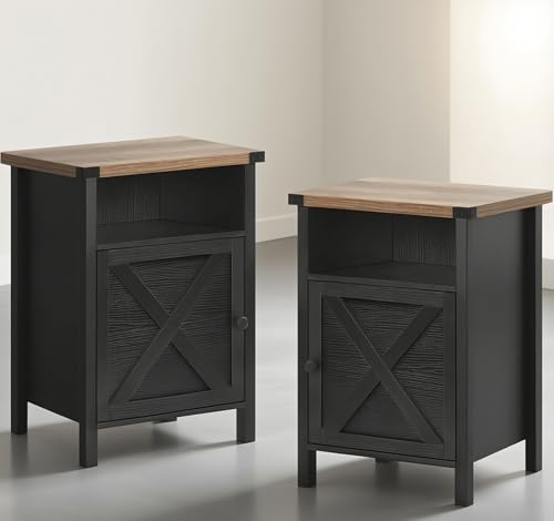 Farmhouse End Table, Nightstand, End Tables with Barn Door and Shelf, Wooden Sofa Side Table, Modern Bed Side Table Rustic Nightstands Set of 2, Bedroom, Living Room, Black - Image 3