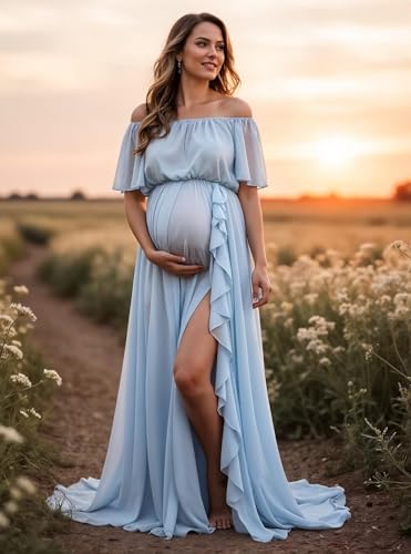 Verngo Chiffon Maternity Dress for Photoshoot Off Shoulder Half Sleeve Ruffle Slit Baby Shower Bridal Pregnancy Gown2